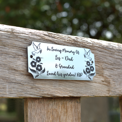 Memorial Bench Plaque | Gold Effect | Weather Resistant | 5 inch x 2 inch (Flowers and Birds)