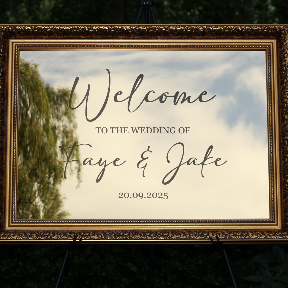 Wedding Welcome Sign - Gold Mirror - Etched - Landscape - With Frame