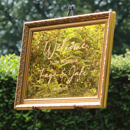 Wedding Welcome Sign - Gold Mirror - Etched - Landscape - With Frame