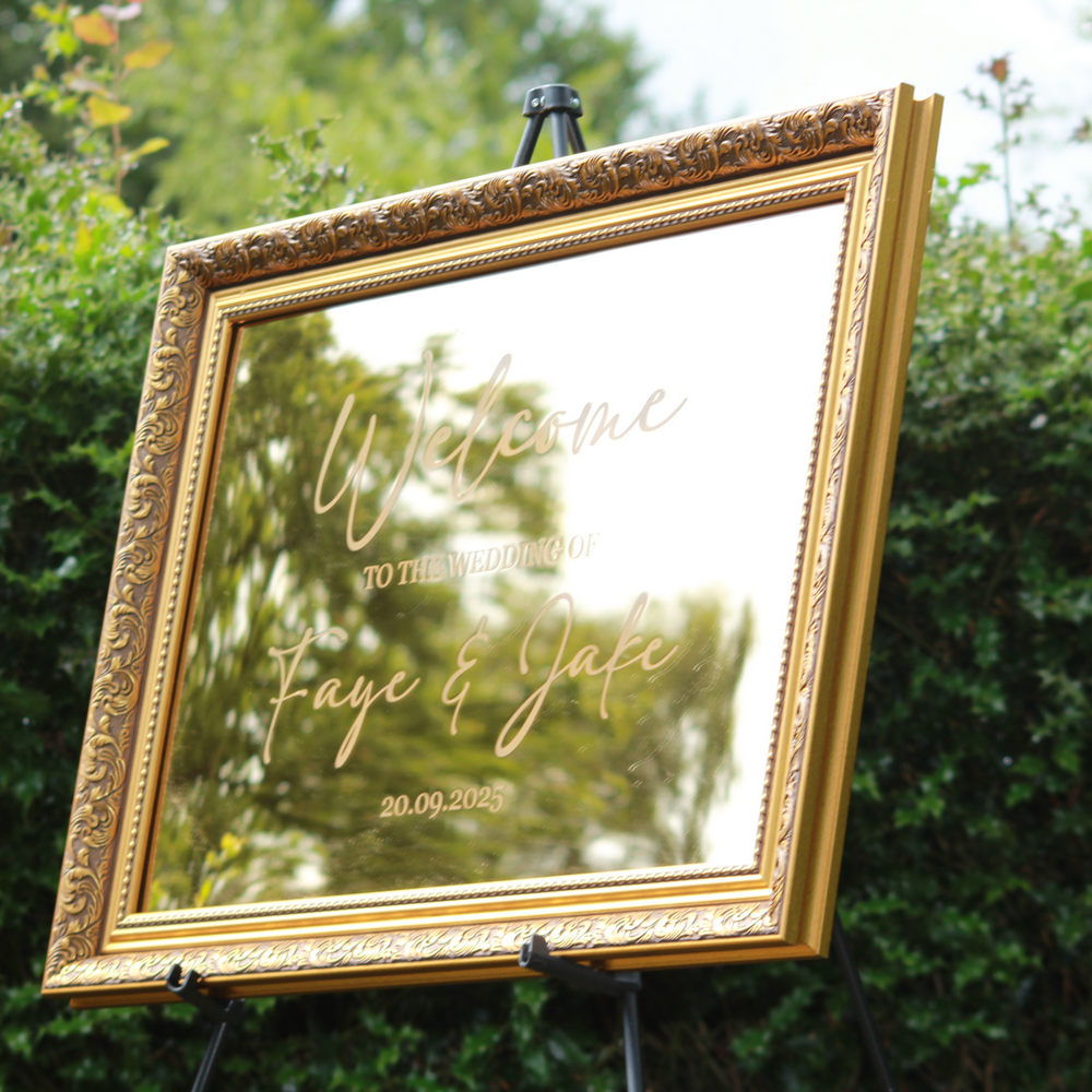 Wedding Welcome Sign - Gold Mirror - Etched - Landscape - With Frame