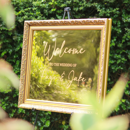 Wedding Welcome Sign - Gold Mirror - Etched - Landscape - With Frame