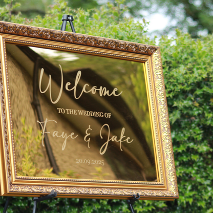 Wedding Welcome Sign - Gold Mirror - Etched - Landscape - With Frame