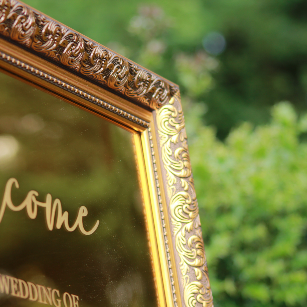 Wedding Welcome Sign - Gold Mirror - Etched - Landscape - With Frame