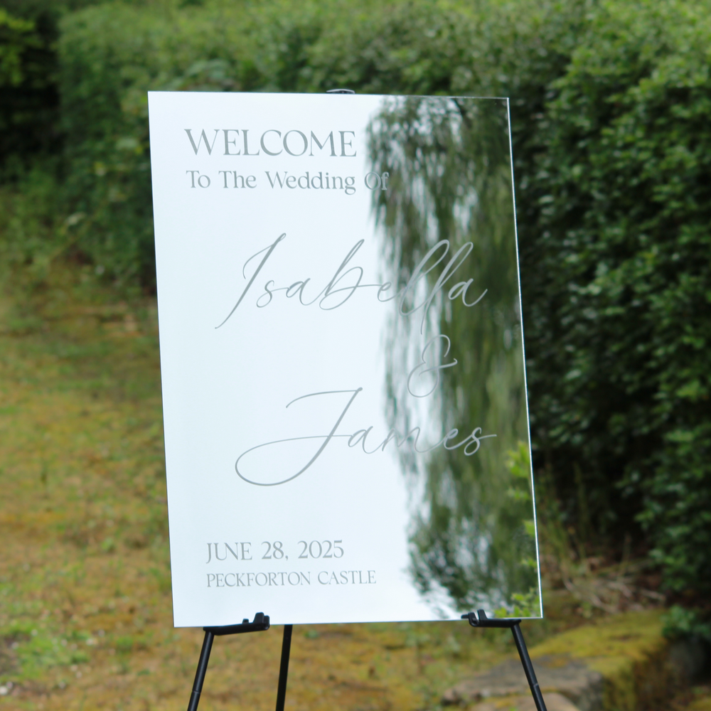 Wedding Welcome Sign - Silver Mirror - Etched - Portrait