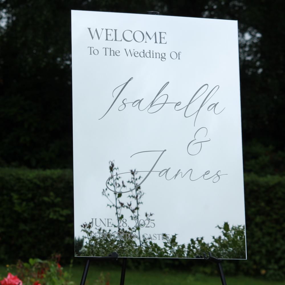 Wedding Welcome Sign - Silver Mirror - Etched - Portrait