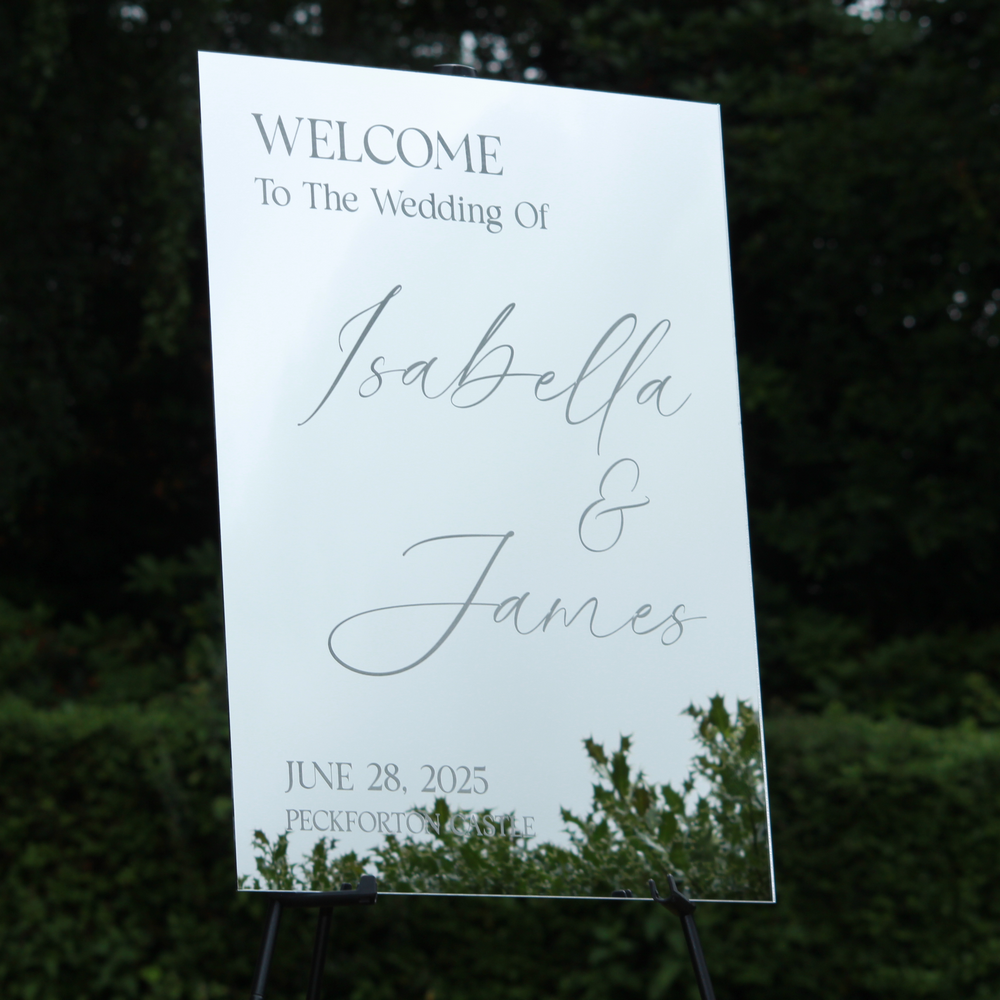 Wedding Welcome Sign - Silver Mirror - Etched - Portrait