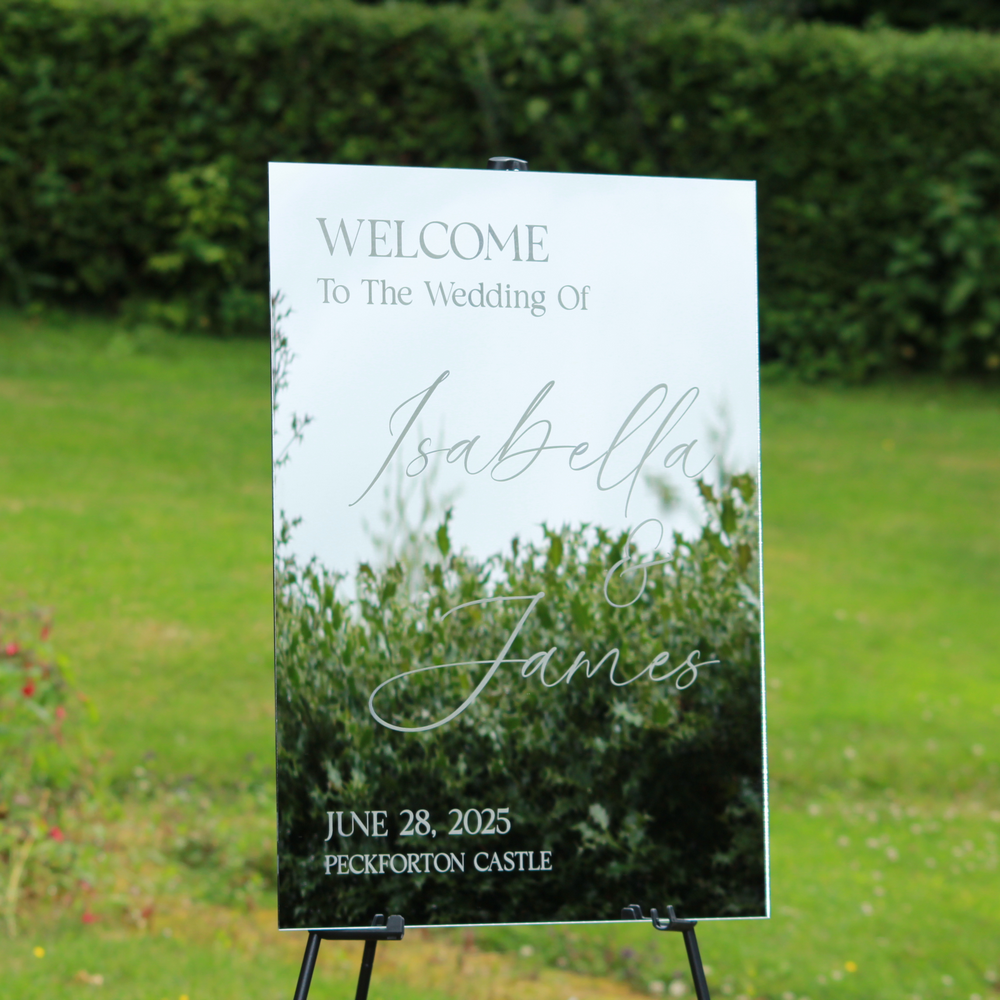 Wedding Welcome Sign - Silver Mirror - Etched - Portrait