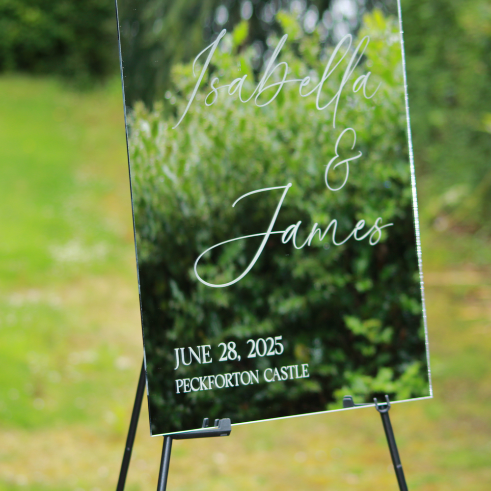 Wedding Welcome Sign - Silver Mirror - Etched - Portrait