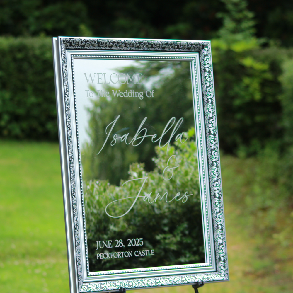 Wedding Welcome Sign - Silver Mirror - Etched - Portrait - With Frame