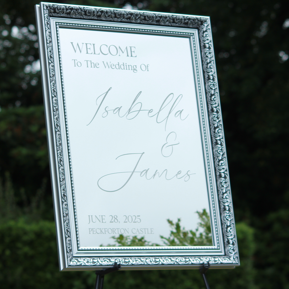 Wedding Welcome Sign - Silver Mirror - Etched - Portrait - With Frame