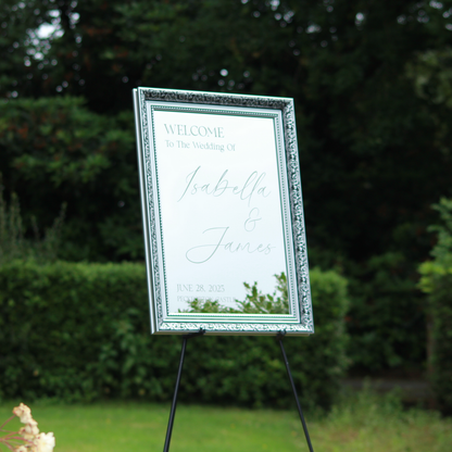 Wedding Welcome Sign - Silver Mirror - Etched - Portrait - With Frame