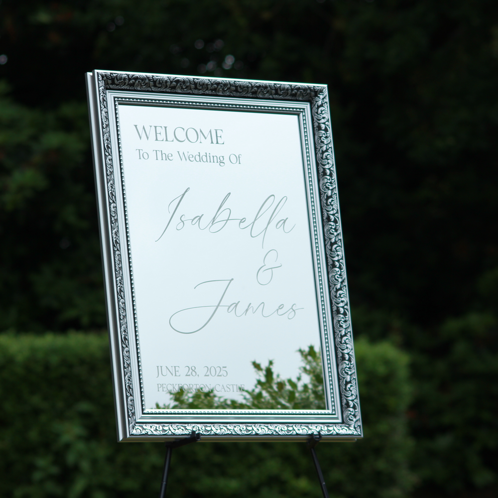 Wedding Welcome Sign - Silver Mirror - Etched - Portrait - With Frame