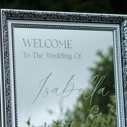 Wedding Welcome Sign - Silver Mirror - Etched - Portrait - With Frame