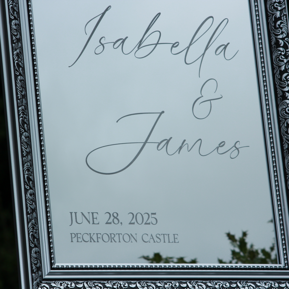 Wedding Welcome Sign - Silver Mirror - Etched - Portrait - With Frame