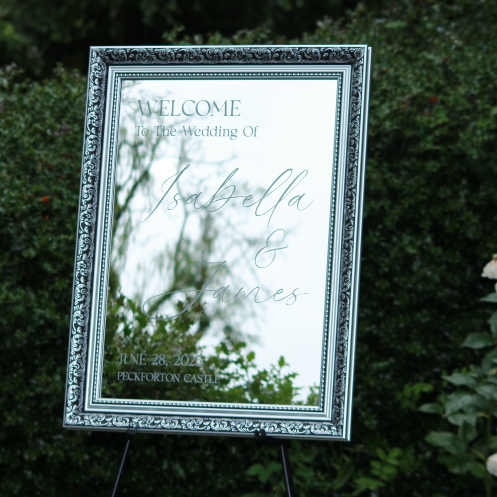 Wedding Welcome Sign - Silver Mirror - Etched - Portrait - With Frame