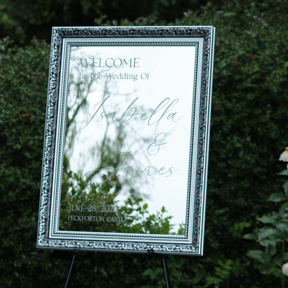 Wedding Welcome Sign - Silver Mirror - Etched - Portrait - With Frame