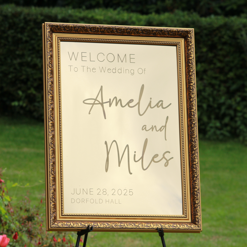 Wedding Welcome Sign - Gold Mirror - Etched - Portrait - With Frame