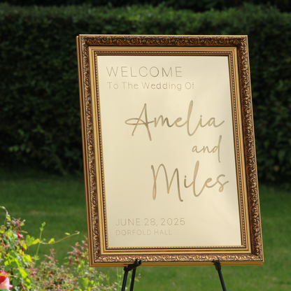 Wedding Welcome Sign - Gold Mirror - Etched - Portrait - With Frame