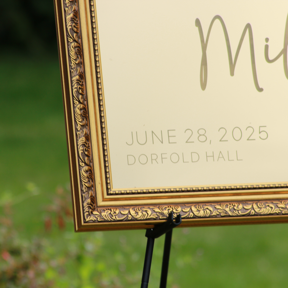 Wedding Welcome Sign - Gold Mirror - Etched - Portrait - With Frame