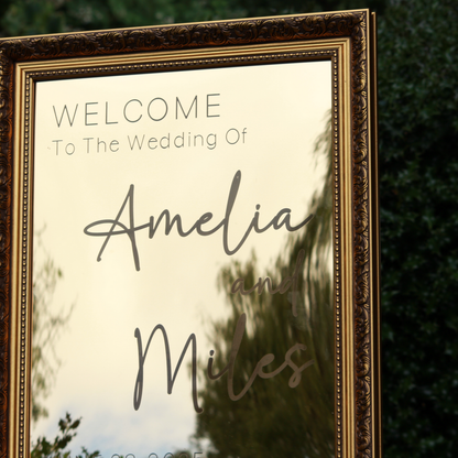 Wedding Welcome Sign - Gold Mirror - Etched - Portrait - With Frame