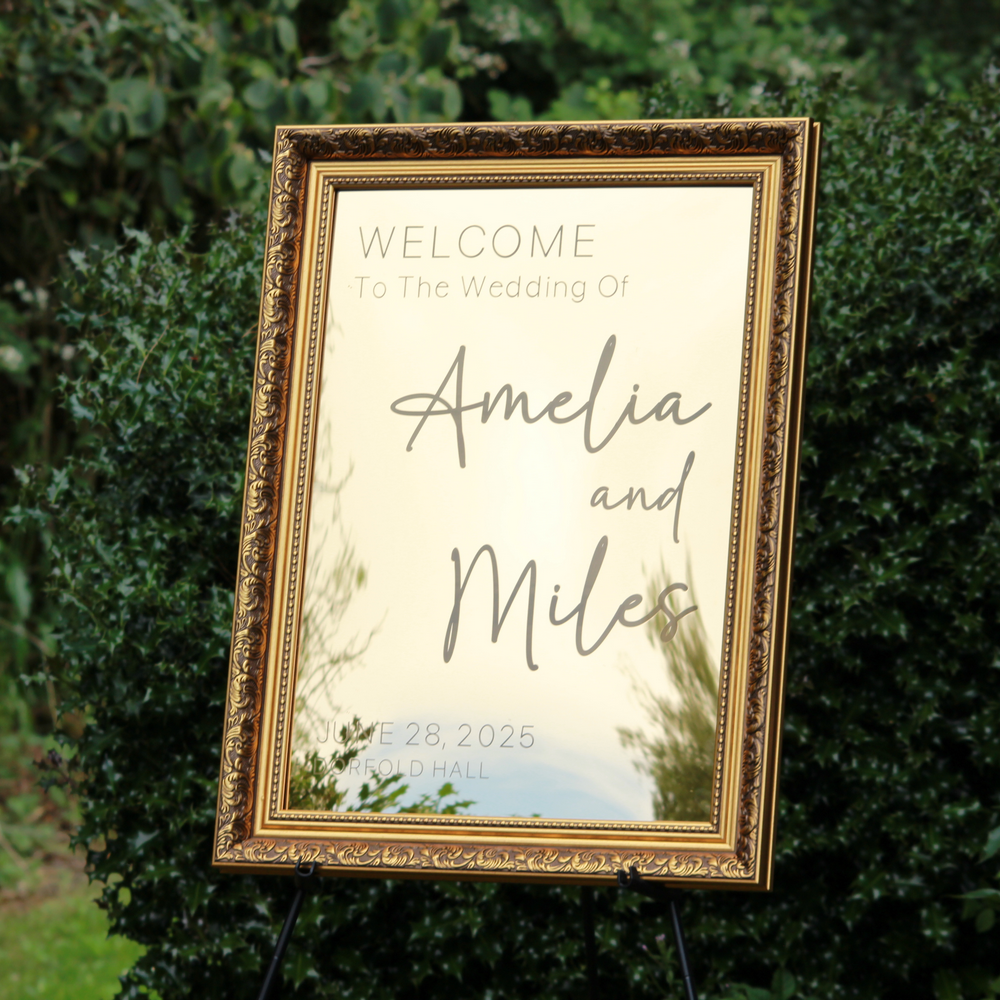 Wedding Welcome Sign - Gold Mirror - Etched - Portrait - With Frame