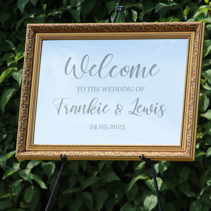 Wedding Welcome Sign - Silver Mirror - Etched - Landscape - With Frame