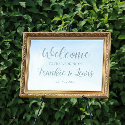 Wedding Welcome Sign - Silver Mirror - Etched - Landscape - With Frame