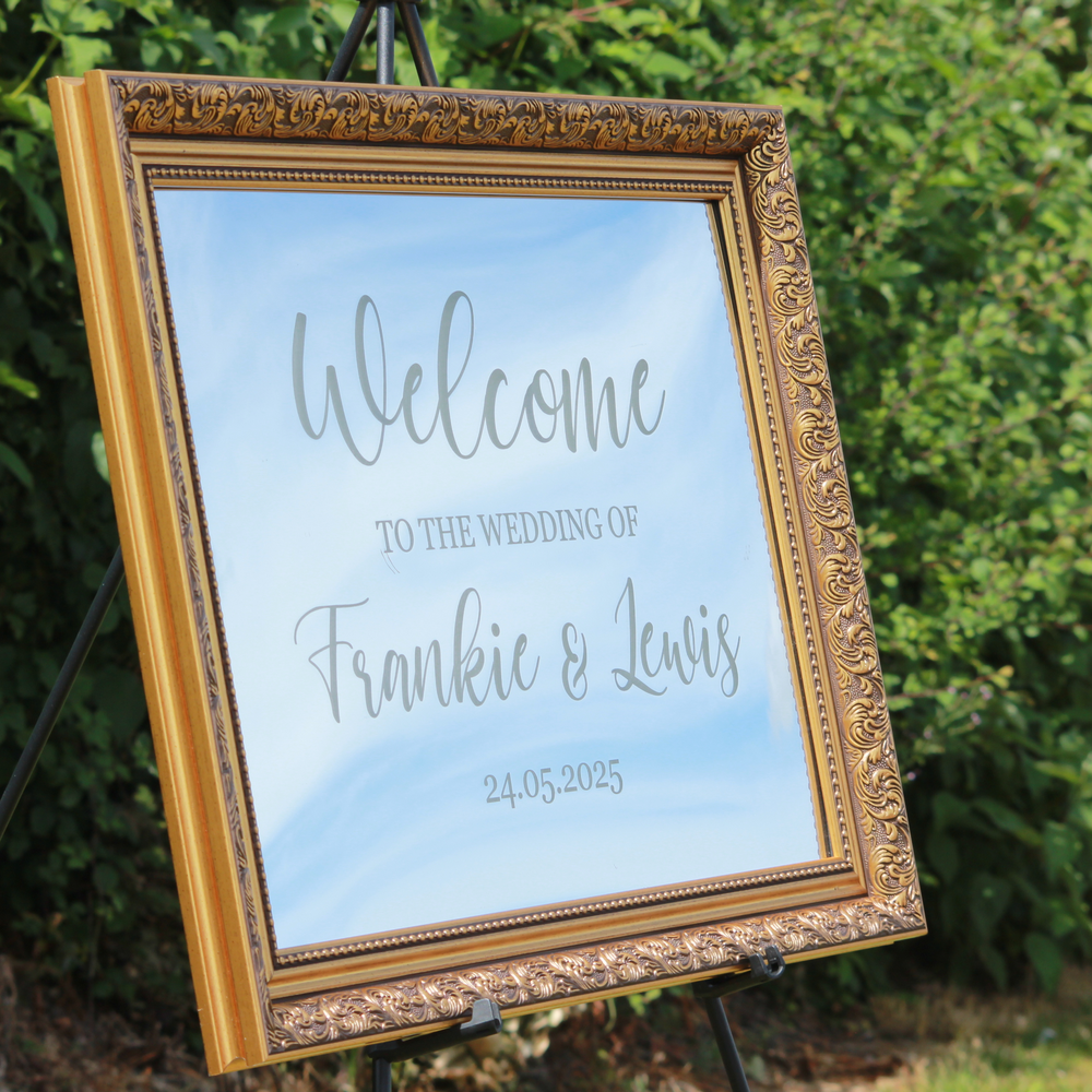 Wedding Welcome Sign - Silver Mirror - Etched - Landscape - With Frame