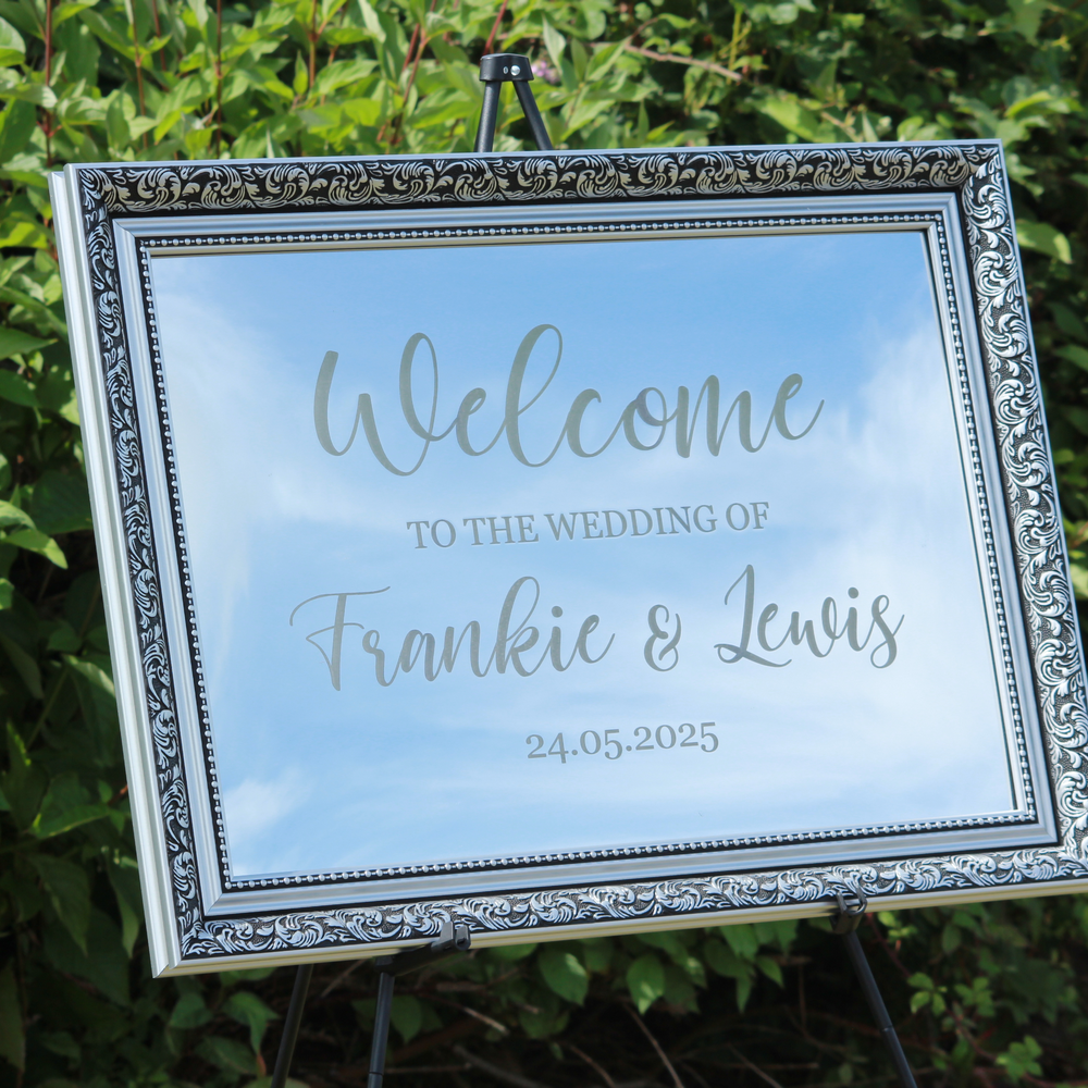 Wedding Welcome Sign - Silver Mirror - Etched - Landscape - With Frame