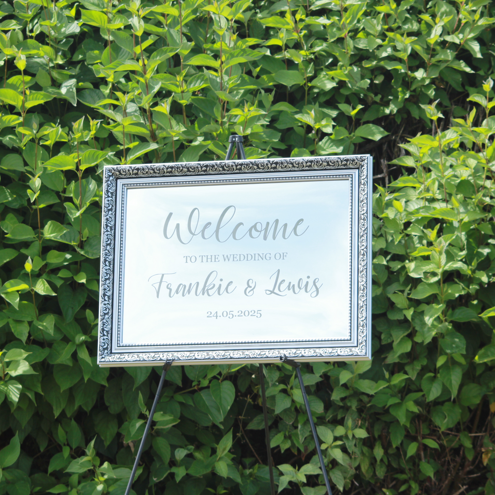 Wedding Welcome Sign - Silver Mirror - Etched - Landscape - With Frame