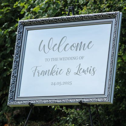 Wedding Welcome Sign - Silver Mirror - Etched - Landscape - With Frame