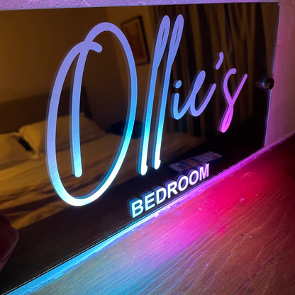Personalised light-up mirror sign with engraved name, designed for unique home décor with custom LED lighting