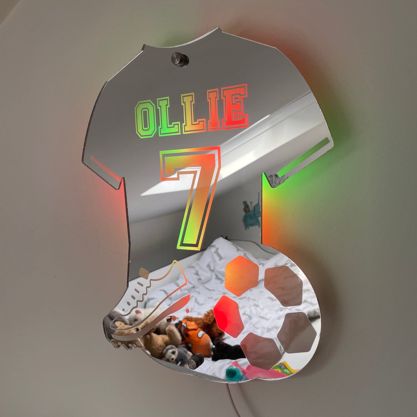 Gift for football fan – Custom football shirt mirror with remote control for changing LED colours