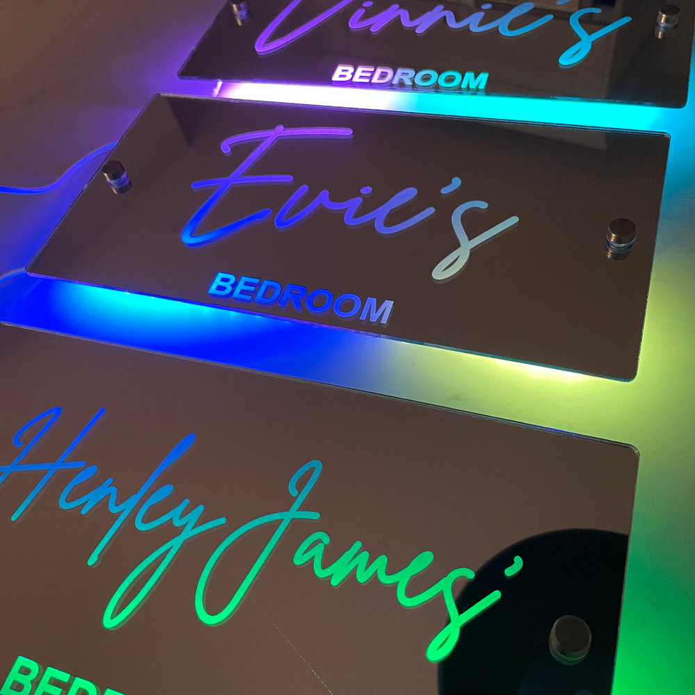 Elegant personalised mirrors with custom name engraving and bright LED lights, ideal for home décor