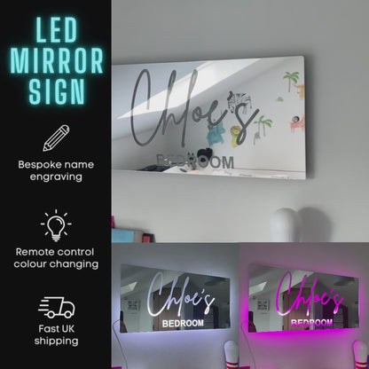 Video of a personalised light-up mirror, featuring custom mirror names illuminated by LED lighting