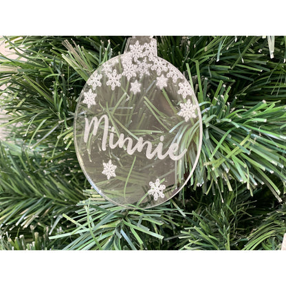 Personalised Clear Mirror Circle Bauble - Snowflakes