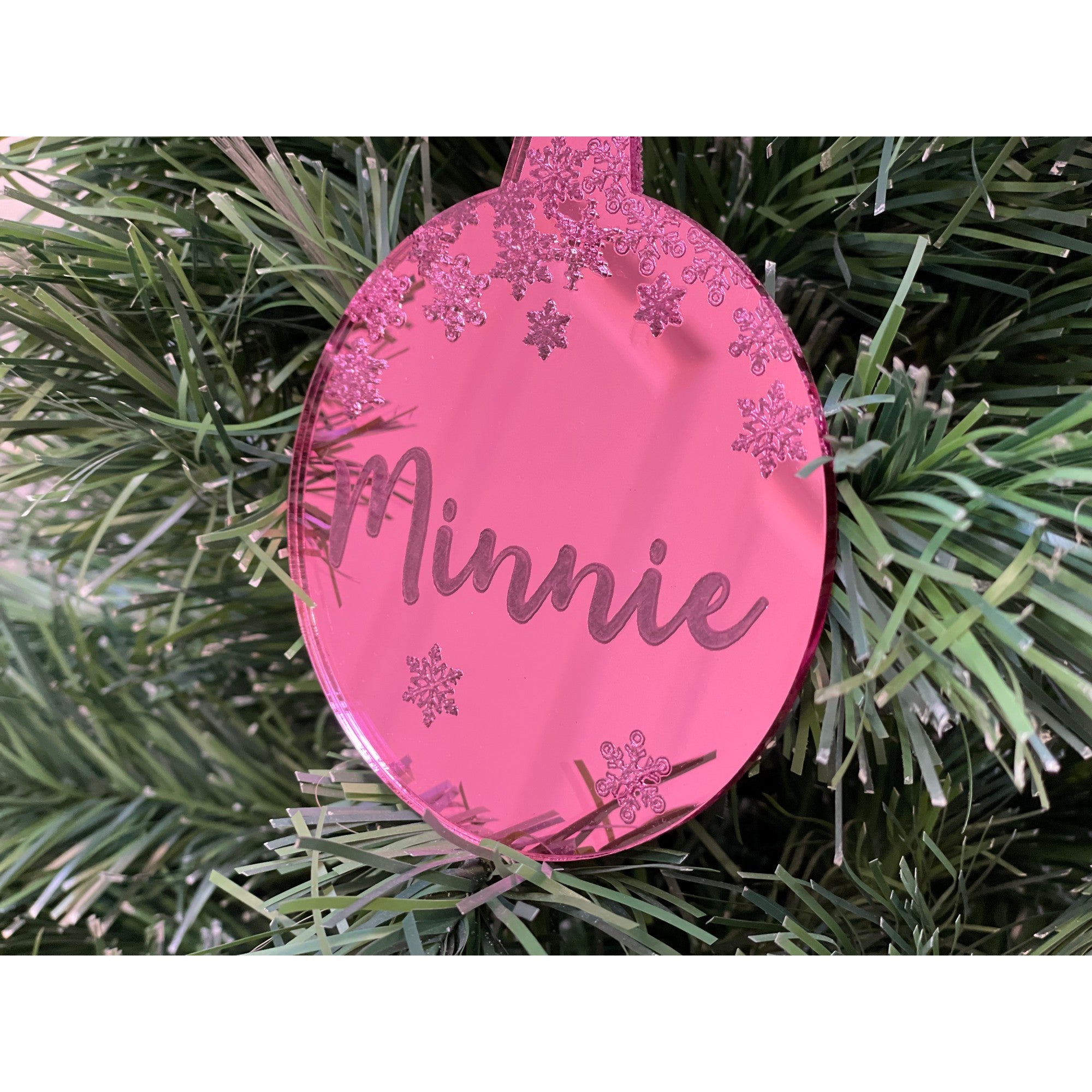 Personalised Pink Mirror Circle Bauble - Snowflakes