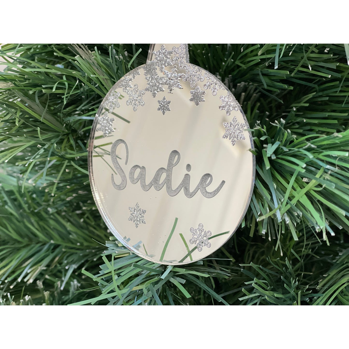 Personalised Silver Mirror Circle Bauble - Snowflakes