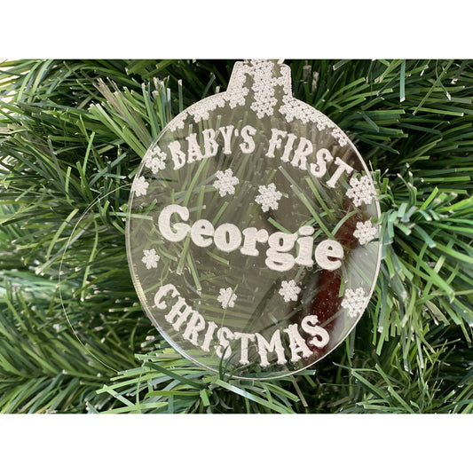 Personalised Clear Mirror Circle Bauble - Baby's First Christmas