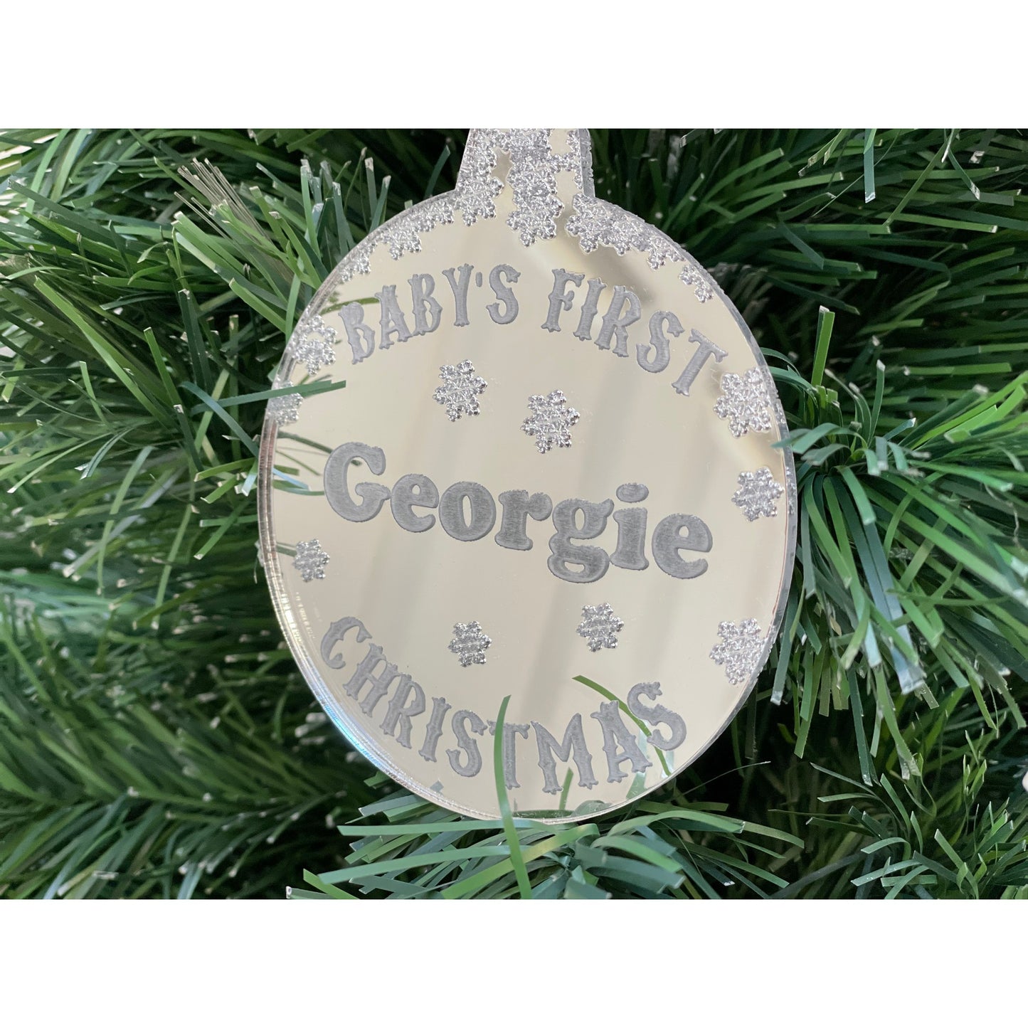 Personalised Silver Mirror Circle Bauble - Baby's First Christmas