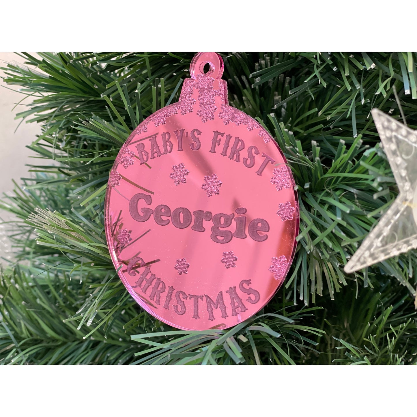 Personalised Pink Mirror Circle Bauble - Baby's First Christmas