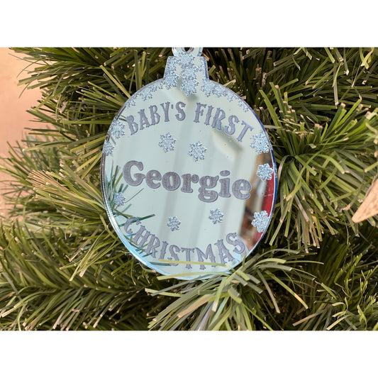 Personalised Blue Mirror Circle Bauble - Baby's First Christmas