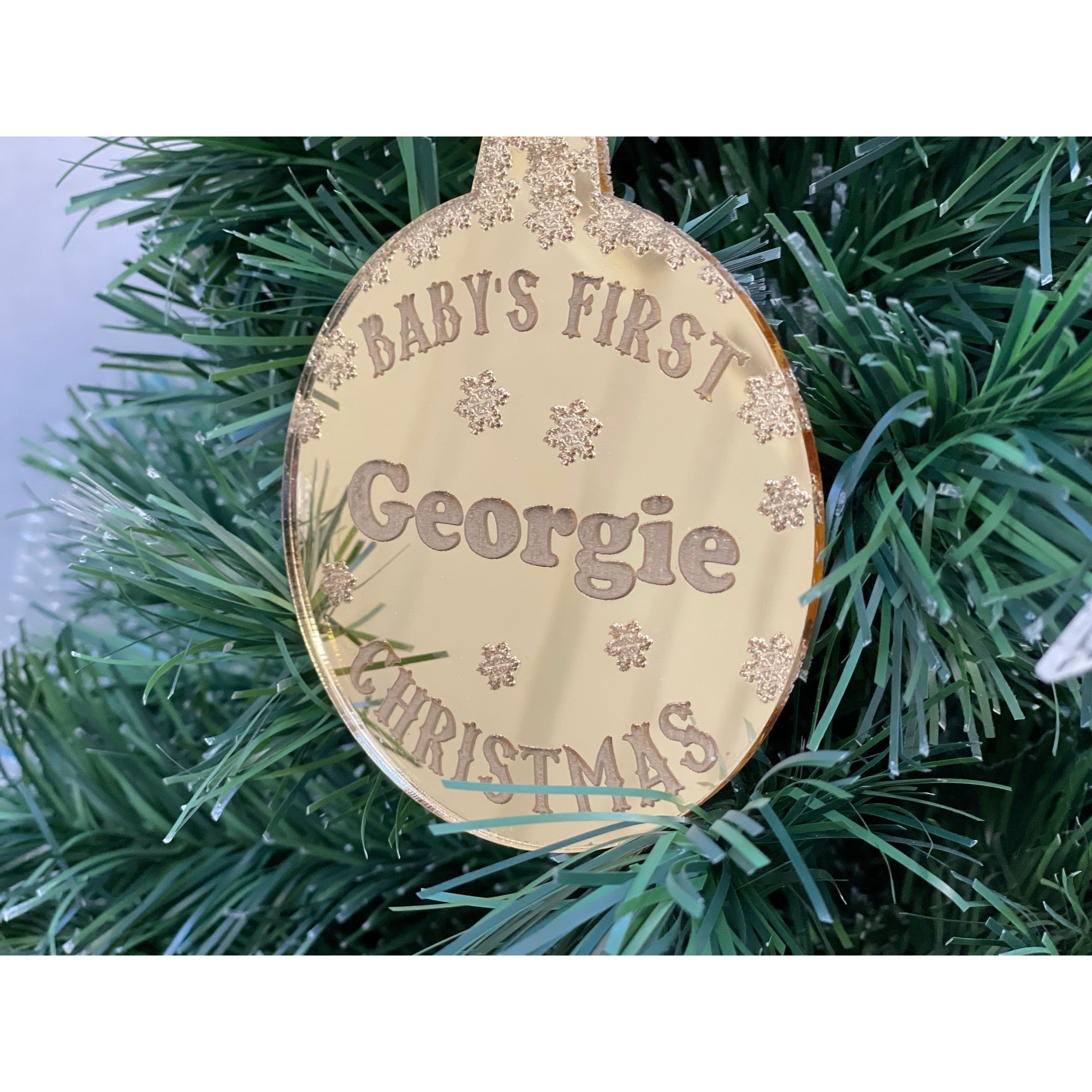 Personalised Gold Mirror Circle Bauble - Baby's First Christmas